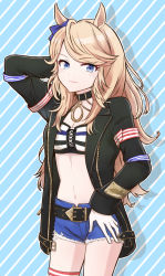 Rule 34 | 1girl, animal ears, arm up, bandeau, belt, black belt, black choker, black jacket, blonde hair, blue background, blue bow, blue eyes, blue shorts, bow, breasts, choker, cleavage, commentary, cowboy shot, cutoffs, denim, denim shorts, diagonal stripes, drop shadow, gloves, gold city (umamusume), hair bow, hand on own hip, highres, horse ears, jacket, long hair, long sleeves, looking at viewer, midriff, navel, open clothes, open jacket, pikeo, short shorts, shorts, smile, solo, standing, stomach, strapless, striped, striped background, striped bandeau, thigh strap, tube top, umamusume, very long hair, white gloves