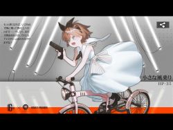Rule 34 | 1girl, aged down, aqua dress, aqua eyes, bicycle, black footwear, bow, brown hair, character name, dress, girls&#039; frontline, gun, hair bow, handgun, holding, holding gun, holding weapon, hp-35 (girls&#039; frontline), hp-35 (little glider) (girls&#039; frontline), ingerdoll, looking at viewer, official alternate costume, open mouth, pistol, shoes, short hair, sitting, solo, translation request, trigger discipline, weapon
