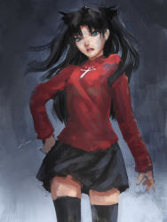 Rule 34 | 1girl, artist name, black hair, black skirt, black thighhighs, blue eyes, disgust, fate/stay night, fate (series), highres, long sleeves, looking at viewer, open mouth, signature, skirt, solo, thighhighs, tohsaka rin, two side up, zettai ryouiki, zienu