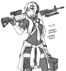 Rule 34 | 1girl, closed mouth, clothes around waist, dated, ear protection, general-purpose machine gun, general dynamics, girls&#039; frontline, gloves, greyscale, gun, hair between eyes, hair ornament, hairclip, headset, highres, holding, holding gun, holding weapon, jacket, jacket around waist, lightweight medium machine gun, lonestar future weapons, long hair, looking at viewer, lwmmg (girls&#039; frontline), lwmmg (mod3) (girls&#039; frontline), machine gun, mod3 (girls&#039; frontline), monochrome, name connection, ndtwofives, necktie, object namesake, over shoulder, prototype design, scope, shirt, short shorts, short sleeves, shorts, simple background, solo, thighhighs, true velocity, twintails, very long hair, weapon, weapon over shoulder, white background, x hair ornament