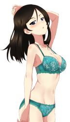 Rule 34 | 1girl, black hair, blue eyes, blush, bra, breasts, collarbone, commission, floral print, girls und panzer, green bra, green panties, hair between eyes, kayabakoro, large breasts, lingerie, long hair, looking at viewer, nonna (girls und panzer), panties, parted lips, pixiv commission, simple background, solo, standing, underwear, underwear only, white background