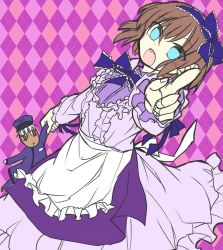 Rule 34 | 1girl, a (shiei no sona-nyl), apron, argyle, argyle background, argyle clothes, blue eyes, bow, brown hair, dark-skinned female, dark skin, doll, dress, frills, hair bow, hairband, hat, hinata (echoloveloli), lace, lily (shiei no sona-nyl), open mouth, pointing, pointing at viewer, purple dress, red eyes, ribbon, shiei no sona-nyl, short hair, sketch, solo, steampunk (liarsoft), uniform, white hair