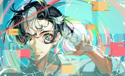 Rule 34 | 1girl, absurdres, black hair, blue eyes, blue shirt, closed mouth, collared shirt, commentary request, glitch, hand up, highres, looking at viewer, nico-tine, original, portrait, shirt, short hair, solo