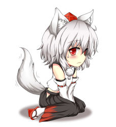 Rule 34 | 1girl, :&lt;, animal ear fluff, animal ears, bare shoulders, blouse, blush, detached sleeves, geta, hat, hyoumon (saihokutan), inubashiri momiji, looking at viewer, looking to the side, pom pom (clothes), red eyes, shirt, short hair, silver hair, simple background, sitting, socks, solo, sweat, tail, tokin hat, touhou, white background, white shirt, white socks, wide sleeves, wolf ears, wolf tail