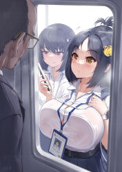 Rule 34 | 2girls, against glass, belt, belt buckle, black belt, black hair, black jacket, blue skirt, breast press, breasts, brown eyes, buckle, cellphone, closed mouth, collarbone, collared shirt, commentary request, dress shirt, duck hair ornament, formal, gao (gaolukchup), glasses, hair between eyes, hands up, heavy breathing, highres, holding, holding phone, jacket, lanyard, large breasts, multiple girls, notice lines, original, parted bangs, phone, pleated skirt, red eyes, school uniform, shirt, short sleeves, skirt, suit, v-shaped eyebrows, watch, white shirt, wristwatch