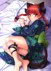 Rule 34 | 1girl, :3, alternate costume, animal ears, bare legs, barefoot, black bow, blunt bangs, blush, bow, braid, cat ears, cat tail, closed mouth, feet, fetal position, floral print, from above, futon, green bow, hair bow, hand on own cheek, hand on own face, indoors, japanese clothes, kaenbyou rin, kimono, large bow, leg ribbon, light particles, long hair, long sleeves, looking at viewer, looking up, lying, marugoshi (54burger), multiple tails, nekomata, on side, pillow, red eyes, red hair, ribbon, sash, shiny skin, solo, tail, tatami, touhou, twin braids, two tails, wide sleeves