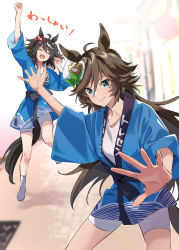 Rule 34 | 2girls, ^ ^, ahoge, animal ears, arm up, bike shorts, black hair, blue kimono, blurry, blurry background, blush, breasts, brown hair, clenched hands, closed eyes, closed mouth, green eyes, hair ornament, hairclip, hat, horse ears, horse girl, horse tail, japanese clothes, jumping, kimono, kitasan black (umamusume), long hair, long sleeves, looking at viewer, mini hat, mini top hat, misu kasumi, mr. c.b. (umamusume), multicolored hair, multiple girls, no shoes, open mouth, shirt, short kimono, small breasts, smile, socks, solo focus, spread fingers, standing, streaked hair, tabi, tail, top hat, translation request, umamusume, white shirt, white socks