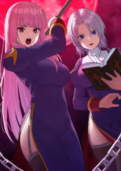 Rule 34 | 2girls, black legwear, blue eyes, blunt bangs, book, breasts, chain whip, commentary request, commission, constanze (unholy sanctuary), cowboy shot, dress, dutch angle, full moon, garter straps, grey hair, habit, holding, holding book, holding weapon, holding whip, juliet sleeves, krs (karasu), large breasts, long hair, long sleeves, looking at viewer, marianne (unholy sanctuary), moon, multiple girls, open mouth, pink hair, priest (ragnarok online), puffy sleeves, purple dress, ragnarok online, red eyes, red moon, short hair, skeb commission, thighhighs, unholy sanctuary, weapon