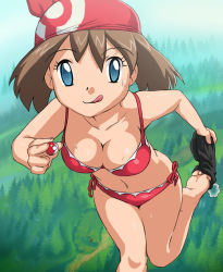 Rule 34 | 1girl, :q, artist request, barefoot, bikini, blue eyes, brown hair, creatures (company), feet, forest, game freak, long hair, may (pokemon), nature, nintendo, outdoors, pokemon, pokemon (anime), socks, soles, solo, swimsuit, toes, tongue, tongue out, undressing