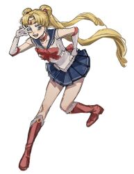 Rule 34 | 1girl, bishoujo senshi sailor moon, blonde hair, blue eyes, boots, bow, choker, circlet, commentary request, crescent, crescent earrings, double bun, earrings, elbow gloves, full body, gloves, hair bun, hand on own hip, highres, jewelry, knee boots, long hair, ma2 ereki, miniskirt, open mouth, pleated skirt, red bow, red choker, red footwear, sailor moon, skirt, smile, solo, tsukino usagi, twintails, v over eye, very long hair, white tail