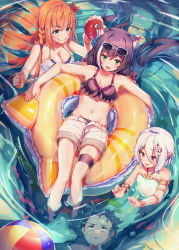 Rule 34 | 1boy, 3girls, :d, absurdres, animal ears, ball, beachball, bikini, bikini under clothes, black hair, blue eyes, braid, breasts, brown eyes, cat ears, cat girl, cleavage, collarbone, commentary request, elf, eyewear on head, fang, flower, green eyes, hair flower, hair ornament, highres, innertube, jiyasu, karyl (princess connect!), karyl (summer) (princess connect!), kokkoro (princess connect!), kokkoro (summer) (princess connect!), large breasts, long hair, medium breasts, multiple girls, navel, one-piece swimsuit, open mouth, orange hair, pecorine (princess connect!), pecorine (summer) (princess connect!), pointy ears, princess connect!, purple bikini, purple hair, shorts, silver hair, small breasts, smile, submerged, sunglasses, swim ring, swimsuit, thigh strap, very long hair, water, white bikini, white one-piece swimsuit, yuuki (princess connect!)