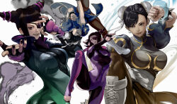 2girls black_hair black_nails bodysuit bracelet breasts bun_cover capcom china_dress chinese_clothes chun-li commentary double_bun dress earrings fingerless_gloves gauss_&lt;bokashi gloves hair_bun hair_horns han_juri highres jewelry multiple_girls pelvic_curtain simple_background spiked_bracelet spikes street_fighter toeless_bodysuit white_background white_footwear