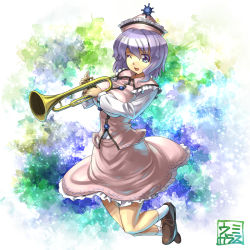 Rule 34 | 1girl, breasts, hat, instrument, large breasts, merlin prismriver, music, one eye closed, open mouth, playing instrument, purple eyes, purple hair, shirt, skirt, skirt set, smile, solo, touhou, trumpet, umigarasu (kitsune1963), vest, wink