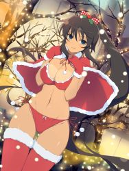 Rule 34 | 10s, 1girl, ahoge, bare tree, black hair, blue eyes, blush, bow, bra, breasts, brown hair, capelet, checkered bow, checkered clothes, christmas lights, cleavage, curvy, dutch angle, fur trim, groin, hair bow, highres, holly, homura (senran kagura), huge breasts, long hair, looking at viewer, navel, official art, open mouth, outdoors, panties, ponytail, red bra, red panties, red thighhighs, santa costume, senran kagura, side-tie panties, smile, snow, solo, standing, tan, tanline, thigh gap, thighhighs, tree, underwear, very long hair, wide hips, yaegashi nan