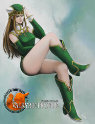Rule 34 | 1girl, blonde hair, blue eyes, boots, breasts, closed mouth, detached sleeves, dress, freya (valkyrie profile), full body, green footwear, green hat, green skirt, hat, highres, himura (him-la), long hair, looking at viewer, medium breasts, skirt, smile, solo, valkyrie profile (series)