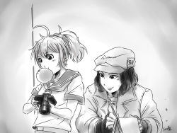 Rule 34 | 10s, 2girls, antenna hair, aoba (kancolle), blowing bubbles, camera, chewing gum, coat, crossover, fallout (series), fallout 4, fingerless gloves, gloves, greyscale, hat, holding, kantai collection, monochrome, multiple girls, notepad, piper wright, ponytail, school uniform, scull, serafuku, short hair, single-lens reflex camera, sketch, smile