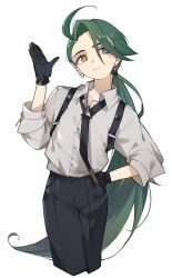 Rule 34 | 1girl, ahoge, black gloves, black necktie, black pants, bright pupils, brown eyes, commentary request, creatures (company), earrings, eyelashes, game freak, gloves, green hair, hand on own hip, hand up, highres, jewelry, kamatpit, long hair, necktie, nintendo, pants, parted lips, pokemon, pokemon sv, ponytail, rika (pokemon), simple background, solo, suspenders, white background