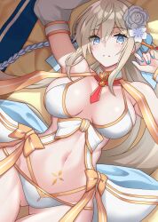 Rule 34 | 1girl, absurdres, bikini, blue eyes, breasts, fate/grand order, fate (series), grey hair, hair ornament, highres, large breasts, long hair, looking at viewer, morgan le fay (fate), morgan le fay (water princess) (fate), multicolored hair, pipin try, ponytail, ribbon, swimsuit, two-tone hair, white bikini