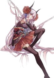 Rule 34 | 1girl, black thighhighs, elbow gloves, gloves, holding, holding sword, holding weapon, horns, kaneblob, katana, long hair, looking at viewer, red eyes, solo, sword, thighhighs, very long hair, weapon, yellow eyes
