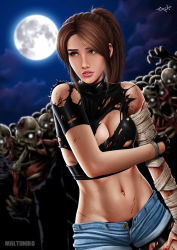 Rule 34 | 1girl, absurdres, blood, blouse, blue eyes, breasts, brown hair, claire redfield, cleavage, highres, injury, maltoniko, medium breasts, midriff, moon, multiple others, navel, night, outdoors, resident evil, resident evil 2, shirt, tagme, torn clothes, torn shirt, zombie