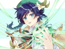 Rule 34 | 1boy, androgynous, beret, blue hair, bow, braid, brooch, cape, collared cape, collared shirt, flower, frilled sleeves, frills, gem, genshin impact, gradient hair, green eyes, green hat, hat, hat flower, holding, holding instrument, hotoritan, instrument, jewelry, leaf, looking at viewer, lyre, male focus, multicolored hair, open mouth, shirt, short hair with long locks, simple background, smile, solo, twin braids, venti (genshin impact), white flower, white shirt, wind