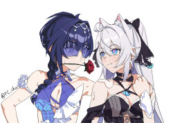 Rule 34 | 2girls, :3, ahoge, animal ear fluff, animal ears, bare shoulders, black choker, braid, breasts, cat ears, choker, cleavage, commentary, detached sleeves, flower, flower in mouth, goggles, hair between eyes, hetare mizu, high ponytail, highres, holding hands, honkai (series), honkai impact 3rd, kiana kaslana, kiana kaslana (herrscher of finality), long hair, looking at another, medium breasts, medium hair, multiple girls, official alternate costume, raiden mei, raiden mei (herrscher of origin), red flower, red rose, rose, simple background, star-shaped pupils, star (symbol), sweat, sweatdrop, symbol-only commentary, symbol-shaped pupils, twitter username, upper body, v-shaped eyebrows, white background