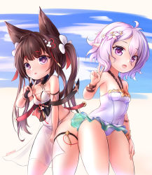 Rule 34 | 2girls, :d, absurdres, alternate costume, amagi-chan (azur lane), amagi (azur lane), amagi (azur lane) (cosplay), amagi (wending waters serene lotus) (azur lane), animal ears, antenna hair, armpits, azur lane, bare shoulders, bent over, bikini, blue sky, blunt bangs, breasts, brown hair, cleavage, cloud, cloudy sky, collarbone, commentary, cosplay, crossover, english commentary, eyeshadow, flower, fox ears, hair between eyes, hair flower, hair ornament, hand on own thigh, highres, kokkoro (princess connect!), kokkoro (summer) (princess connect!), leaning forward, light purple hair, lndrmnn, long hair, looking at viewer, makeup, multiple girls, one-piece swimsuit, open mouth, pointy ears, princess connect!, purple eyes, short hair, sidelocks, sky, smile, swimsuit, thick eyebrows, twintails, v, white bikini, white one-piece swimsuit