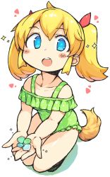 Rule 34 | 1girl, :o, bachera, bare shoulders, blonde hair, blue eyes, blush stickers, casual one-piece swimsuit, collarbone, colored shadow, copyright request, dog tail, frilled swimsuit, frills, full body, green one-piece swimsuit, hair between eyes, hair ribbon, highres, holding, looking at viewer, off-shoulder one-piece swimsuit, off shoulder, one-piece swimsuit, open mouth, red ribbon, ribbon, shadow, solo, sparkle, squatting, swimsuit, tail, teeth, twintails, upper teeth only, white background