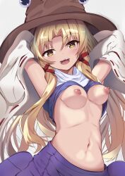 Rule 34 | alternate hair length, alternate hairstyle, arms behind back, arms behind head, blonde hair, breasts, brown headwear, commentary request, detached sleeves, grey background, highres, large breasts, long hair, looking at viewer, moriya suwako, nipples, open mouth, paid reward available, purple skirt, ribbon-trimmed sleeves, ribbon trim, sidelocks, simple background, skirt, touhou, touhou7716, translation request, yellow eyes