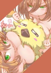 Rule 34 | 2girls, blush stickers, breast press, breast smother, breasts, brown hair, frown, green eyes, highres, multiple girls, patty (pso2), phantasy star, phantasy star online 2, rappy, tear (pso2), twintails, wisespeak