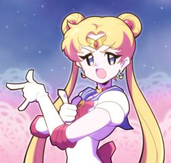 Rule 34 | 1girl, artsy-rc, bishoujo senshi sailor moon, blonde hair, bow, bowtie, choker, commentary, crescent, crescent earrings, derivative work, diadem, double bun, earrings, elbow gloves, english commentary, gloves, hair bun, highres, jewelry, long hair, looking at viewer, m/, open mouth, puffy short sleeves, puffy sleeves, purple eyes, red bow, red bowtie, red choker, sailor moon, screenshot redraw, short sleeves, signature, slit pupils, solo, tsuki ni kawatte oshioki yo, tsukino usagi, twintails, upper body, white gloves