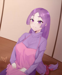 Rule 34 | 1girl, absurdres, apron, artist request, blush, breasts, fate/grand order, fate (series), highres, large breasts, long hair, low-tied long hair, minamoto no raikou (fate), motherly, parted bangs, purple eyes, purple hair, smile, solo, sweater, very long hair