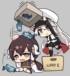 Rule 34 | 2girls, aircraft, airplane, azur lane, black thighhighs, blush, box, brown eyes, brown hair, chibi, coat, commentary, crying, crying with eyes open, enterprise (azur lane), grey background, hands on own head, hat, hm (hmongt), horns, long hair, long sleeves, mikasa (azur lane), multiple girls, necktie, on box, peaked cap, purple eyes, simple background, sitting, smile, standing, standing on one leg, tears, thighhighs, wariza, white hair, white legwear, z flag