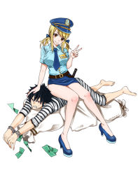 Rule 34 | 1boy, 1girl, black hair, blonde hair, blue ribbon, blue skirt, brown eyes, cuffs, fairy tail, gray fullbuster, hair ribbon, handcuffs, hat, looking at viewer, lucy heartfilia, money, police, police hat, police uniform, policewoman, prisoner, ribbon, simple background, sitting, sitting on person, skirt, smile, uniform, v, white background, yue (pixiv4635680)