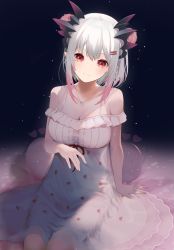 Rule 34 | 1girl, nanashi inc., absurdres, bare shoulders, breasts, cleavage, closed mouth, commentary request, double bun, dress, eyebrows hidden by hair, gradient hair, grey hair, hair bun, hair ornament, hairclip, heart, heart print, highres, honey strap, looking at viewer, medium breasts, multicolored hair, off-shoulder dress, off shoulder, pink hair, print dress, red eyes, shuuha arutsu, smile, solo, suou patra, virtual youtuber, white dress