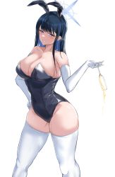 Rule 34 | 1girl, animal ears, bare shoulders, black leotard, blue archive, blue eyes, blue hair, blush, breasts, cleavage, collarbone, elbow gloves, fake animal ears, gloves, halo, hand on own hip, highres, large breasts, leotard, long hair, looking at viewer, parted lips, playboy bunny, rabbit ears, saori (blue archive), simple background, smile, standing, thighhighs, thighs, tyamurai33, white background, white gloves, white thighhighs
