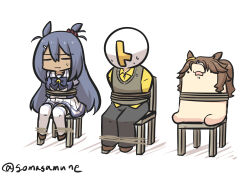Rule 34 | . ., 1boy, 2girls, absurdres, anger vein, animal ears, arms behind back, black pants, blue bow, blue hair, blue shirt, bound, bow, breasts, brown footwear, brown hair, chair, closed eyes, closed mouth, collared shirt, dark-skinned female, dark skin, goma (gomasamune), hair between eyes, highres, hishi amazon (umamusume), horse ears, long hair, medium breasts, mejiro palmer (umamusume), multicolored hair, multiple girls, on chair, open mouth, pants, parted bangs, pleated skirt, ponytail, puffy short sleeves, puffy sleeves, school uniform, shadow, shirt, shoes, short sleeves, simple background, sitting, skirt, streaked hair, sweat, t-head trainer, thighhighs, tied up (nonsexual), tracen school uniform, trainer (umamusume), umamusume, very long hair, white background, white hair, white skirt, white thighhighs, yellow shirt