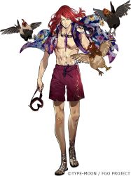 Rule 34 | 1boy, abs, bird, closed eyes, copyright notice, facing viewer, fate/grand order, fate (series), floating clothes, floral print, full body, goggles, goggles around neck, hawaiian shirt, holding, holding goggles, long hair, male focus, male swimwear, morii shizuki, official art, open clothes, open shirt, pectoral cleavage, pectorals, purple shirt, red hair, sandals, scar, scar on chest, shirt, short sleeves, smile, solo, standing, swept bangs, swim trunks, toenails, toes, toned, toned male, transparent background, tristan (fate), unworn goggles, watch, wristwatch
