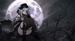 Rule 34 | 1girl, arknights, arm support, bat (animal), black footwear, black shirt, black sleeves, black thighhighs, black wristband, crocodilian tail, detached sleeves, flower, full body, gloves, goggles, goggles around neck, green hair, grey gloves, grey hair, hand up, highres, hood, hood up, infection monitor (arknights), knees up, lance (lancelliu), moon, multicolored hair, outdoors, partially fingerless gloves, planted, planted sword, planted weapon, pointy ears, shirt, sitting, solo, staff, streaked hair, sword, tail, thighhighs, thighs, tomimi (arknights), torn clothes, torn thighhighs, weapon, white flower