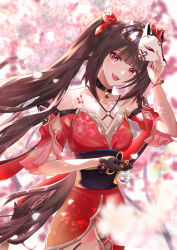 Rule 34 | 1girl, :d, bare shoulders, bell, black choker, black gloves, black sash, blunt bangs, blurry, brown hair, butterfly-shaped pupils, cherry blossoms, choker, criss-cross halter, detached sleeves, dress, facial mark, falling petals, flower tattoo, fox mask, gloves, halterneck, highres, holding, holding mask, honkai: star rail, honkai (series), long hair, looking at viewer, mask, mask on head, neck bell, o-ring, obi, open mouth, petals, pink eyes, red dress, red sleeves, sash, short sleeves, smile, solo, sparkle (honkai: star rail), symbol-shaped pupils, tattoo, twintails, waniya (qhw59)