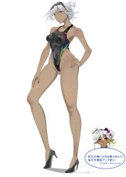 Rule 34 | 2girls, absurdres, altera (fate), alternate costume, bare arms, bare shoulders, black footwear, black nails, black one-piece swimsuit, breasts, closed mouth, collarbone, competition swimsuit, dark skin, dark-skinned female, fate/grand order, fate (series), fingernails, frown, full body, goggles, goggles on head, high heels, highleg, highleg swimsuit, highres, legs, mi mi ham, multiple girls, nail polish, one-piece swimsuit, original, pink eyes, shoes, silver hair, simple background, small breasts, solo focus, swimsuit, thighs, twitter username, white background