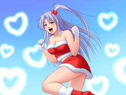 Rule 34 | 1girl, ass, blue eyes, boots, breasts, female focus, gradient background, hair bobbles, hair ornament, long hair, mystic square, santa costume, shinki (touhou), side ponytail, silver hair, skirt, solo, touhou, touhou (pc-98), tripleeight, wallpaper