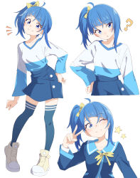 Rule 34 | 1girl, ?, absurdres, blue sailor collar, blue shirt, blue skirt, blue thighhighs, bow, closed mouth, collarbone, dot mouth, eitopondo, full body, hair bow, hand on own hip, head tilt, highres, hirogaru sky! precure, looking at viewer, multiple views, one eye closed, precure, sailor collar, shirt, shoes, side ponytail, simple background, skirt, smile, sneakers, sora harewataru, standing, star (symbol), thighhighs, two-tone shirt, upper body, v, white background, white shirt, yellow bow