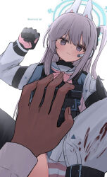 Rule 34 | 1girl, 1other, animal ears, beating, black gloves, blood, blood on clothes, blue archive, blue halo, blue serafuku, blush, braid, clenched hand, closed mouth, commentary request, earosoligt, empty eyes, expressionless, fake animal ears, gloves, grey hair, halo, highres, long hair, long sleeves, looking at viewer, miyako (blue archive), one side up, panties, pink gloves, purple eyes, rabbit ears, raised fist, sailor collar, school uniform, serafuku, simple background, striped clothes, striped panties, twitter username, two-tone gloves, underwear, white background, white sailor collar
