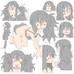 Rule 34 | 1girl, absurdres, all fours, bags under eyes, black bra, black hair, black panties, bra, breasts, character sheet, closed eyes, cropped torso, expressionless, expressions, female focus, flat color, from side, hair between eyes, highres, looking at viewer, masikakuma, medium breasts, messy hair, nipples, open mouth, original, pale color, panties, pleated skirt, profile, red eyes, side ponytail, simple background, skirt, solo, striped clothes, striped thighhighs, thighhighs, twintails, underwear, white background