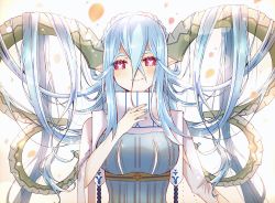 Rule 34 | 1girl, blue hair, blue nails, blush, breasts, butterfly-shaped pupils, commentary request, crossed bangs, curled horns, fate/grand order, fate/grand order arcade, fate (series), hair between eyes, hand up, high collar, highres, horns, large breasts, larva tiamat (fate), larva tiamat (third ascension) (fate), long hair, long horns, nail polish, pink eyes, pointy ears, smile, solo, straight-on, symbol-shaped pupils, tiamat (fate), upper body, very long hair, x x, yaruco (freedumco)