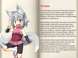 Rule 34 | animal ears, bike shorts, cameltoe, character profile, fox ears, fox tail, kitsu (mon-musu quest!), mon-musu quest!, monster girl, tail, text focus, translated