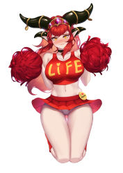 Rule 34 | 1girl, alexstrasza, black choker, blueorca, breasts, cheerleader, choker, clothes writing, crop top, dragon horns, highres, holding, holding pom poms, horn ornament, horn ring, horns, jumping, large breasts, midriff, miniskirt, navel, orange eyes, panties, pleated skirt, pointy ears, pom pom (cheerleading), pom poms, red hair, red shirt, red skirt, shirt, skirt, sleeveless, sleeveless shirt, slit pupils, solo, underwear, warcraft, white panties, world of warcraft