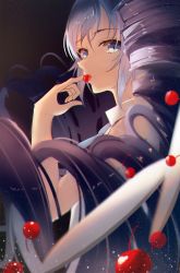 Rule 34 | 1girl, blue eyes, blue hair, cherry, chinese commentary, close-up, drill hair, food, food in mouth, fruit, hatsune miku, highres, jijing zishui, looking at viewer, solo, twintails, vocaloid