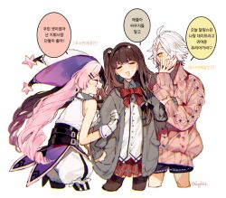 Rule 34 | 1boy, 2girls, ahoge, blush, brown hair, commander (forever 7th capital), earrings, female commander (forever 7th capital), forever 7th capital, hand up, heart, jewelry, korean text, long hair, multicolored hair, multiple girls, one side up, open mouth, pink sweater, sapphire (nine), shirt, shorts, sidelocks, simple background, sleeveless, sleeveless shirt, smile, speech bubble, split-color hair, sweater, translation request, very long hair, vien (forever 7th capital), white background, white hair, white shirt, white shorts, yuri (forever 7th capital)